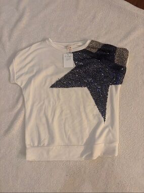7th Ray White Tee with Navy Sequin Star and Leopard Accent